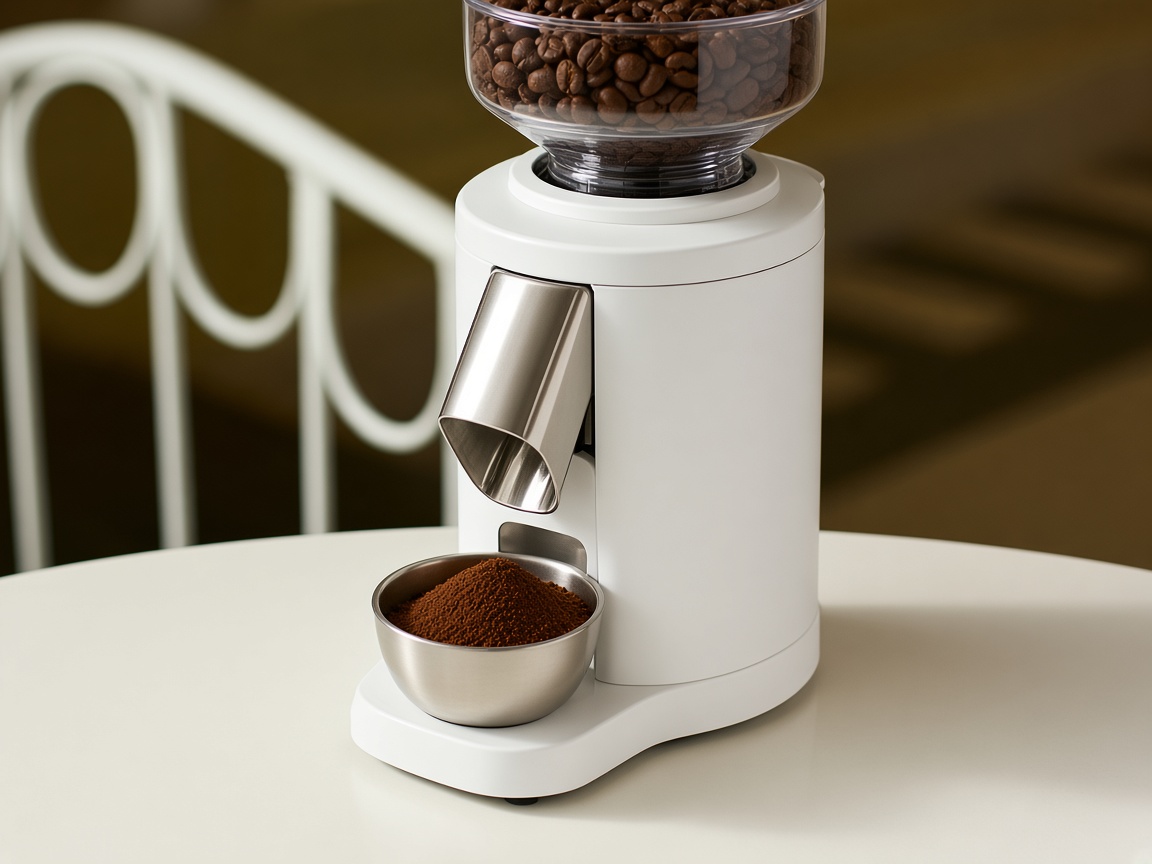 A burr grinder with a hopper of beans and a bowl of fresh grounds