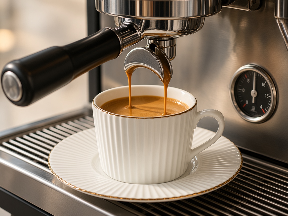 A shot of espresso pouring into a white cup with a gold rim