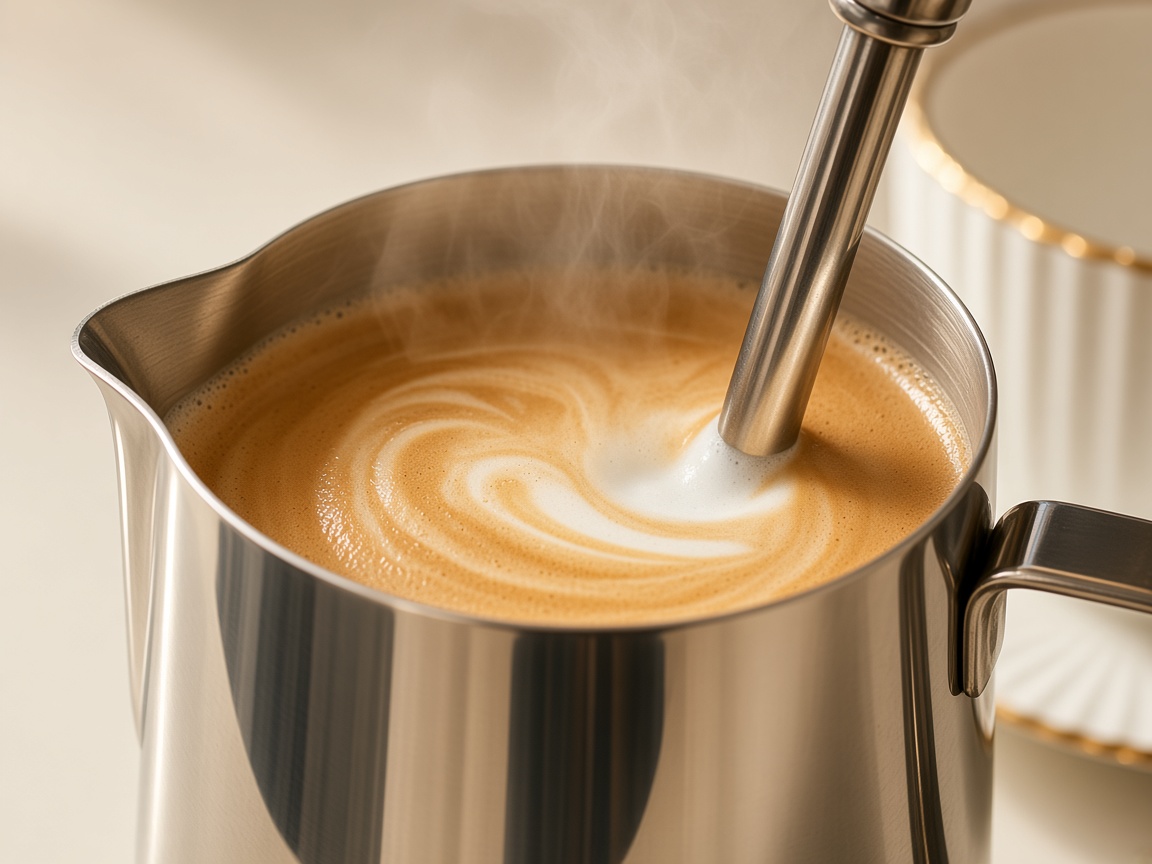 A steam wand texturing milk in a stainless pitcher